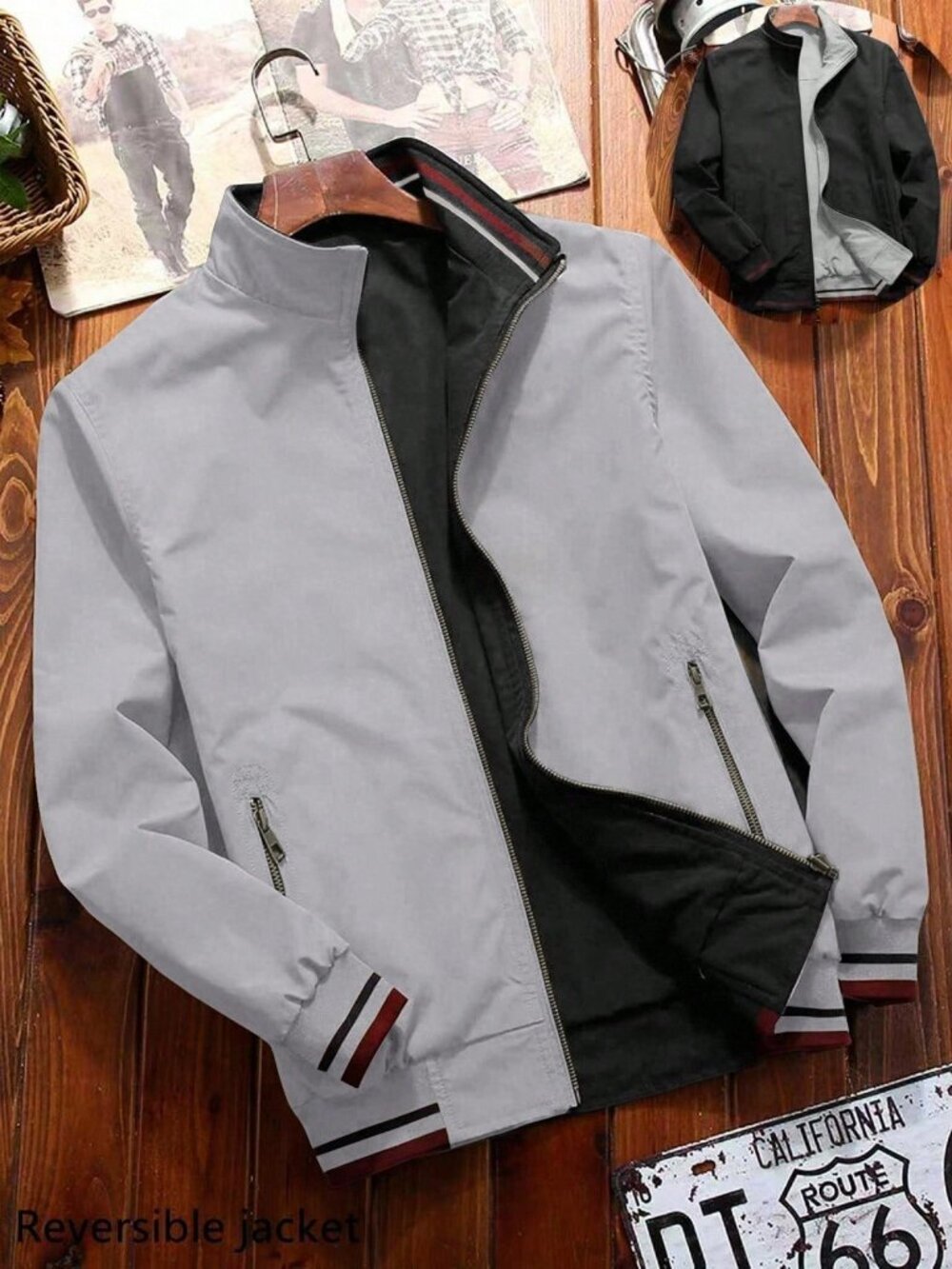 Grey Casual Men's Loose Fit Zipper Stand Collar Pocket Long Sleeve Jacket